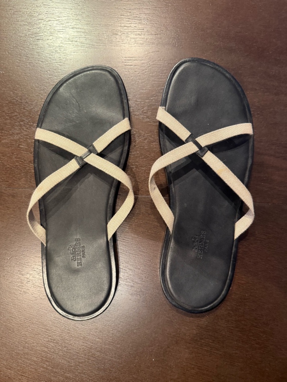 Hermès Paris Leather Sandals Black & Beige Strappy Slides 42.5 Italy - Picture 2 of 5